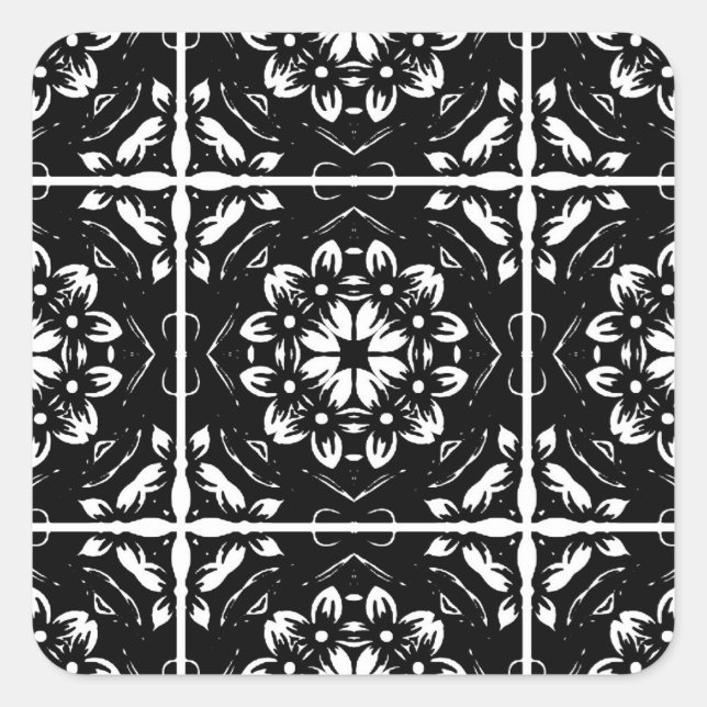Pegatina Cuadrada Pegatinas de Mandala floral blanca y negra (Anverso)
