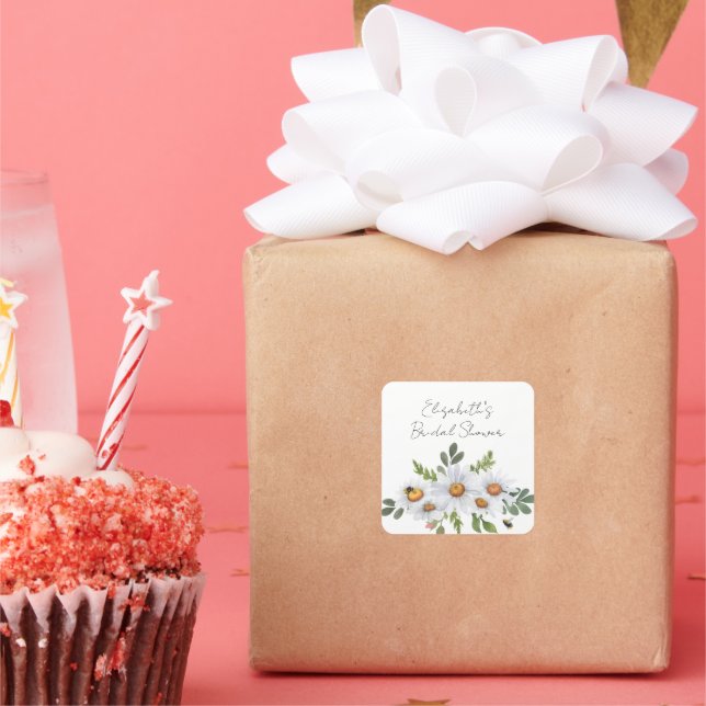 Pegatina Cuadrada Pegatinas de margarita blanca con ducha de novia (Fiesta)