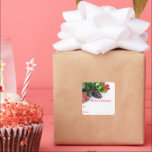 Pegatina Cuadrada Pegatinas de Merry Christmas Pine Cone<br><div class="desc">Una Feliz Navidad desde y hacia pegatina con cono de pino y vegetación de mi colección de Navidad.</div>
