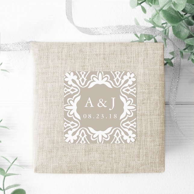 Pegatina Cuadrada Pegatinas de Monograma Boda de Marrakech | Linen G (Subido por el creador)
