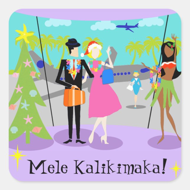 Pegatina Cuadrada Pegatinas de Navidad Retro Hawaii (Anverso)