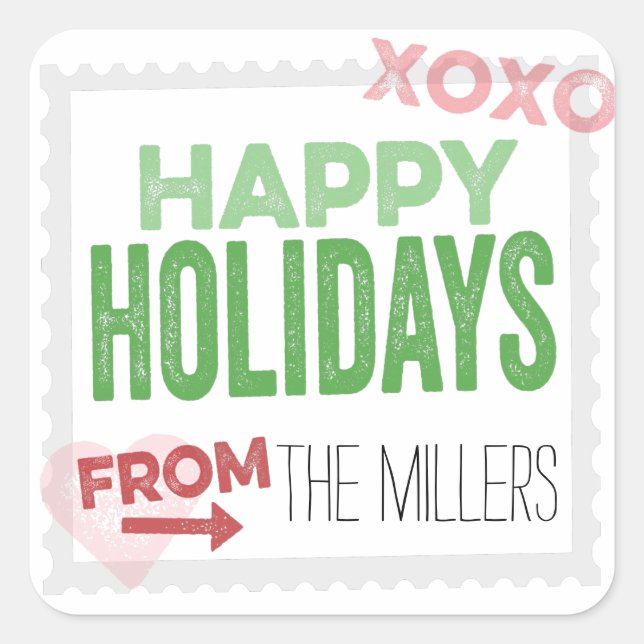 Pegatina Cuadrada Pegatinas de regalo navideño estampados a mano (Anverso)