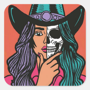 Pegatina Cuadrada Pegatinas de Temporada Cowgirl Skeleton espeluznan