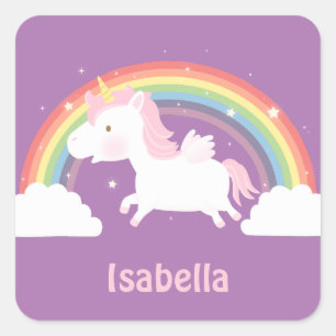 Pegatina Cuadrada Pegatinas de Unicornio y Chicas arcoiris en vuelo
