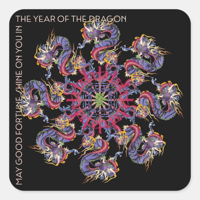 Pegatina Cuadrada Pegatinas del Año Dragón Mah Jongg (Anverso)