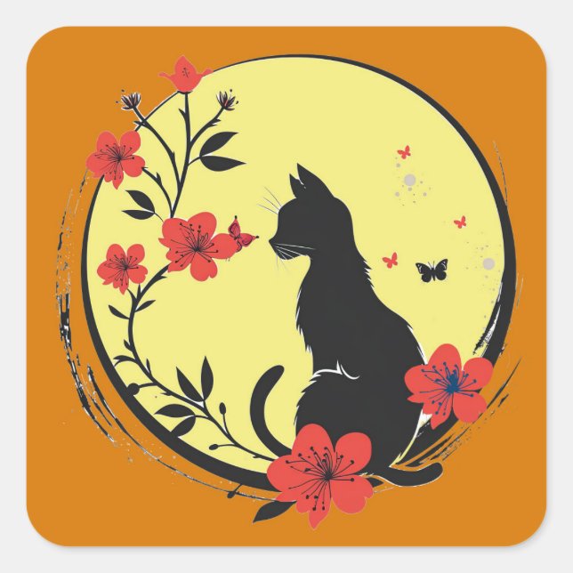 Pegatina Cuadrada Pegatinas del gato en la luna (Anverso)