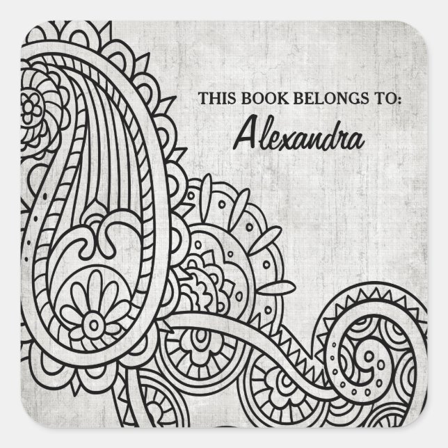 Pegatina Cuadrada Pegatinas del Gray Mehndi Motif Bookplate (Anverso)