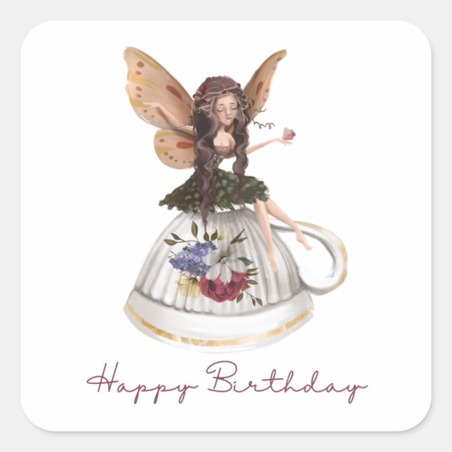 Pegatina Cuadrada Pegatinas Fairy Happy Birthday (Anverso)
