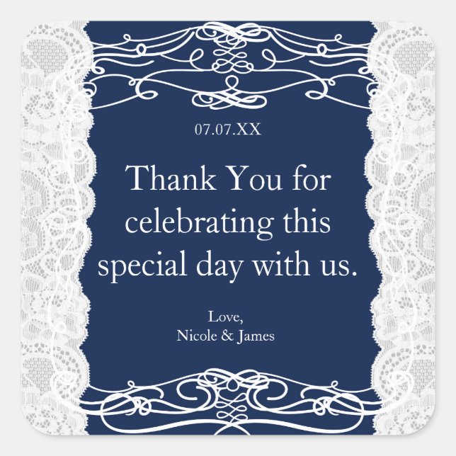 Pegatina Cuadrada Pegatinas favoritos de boda elegantes de encaje az (Anverso)