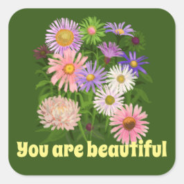 Pegatina Cuadrada Pegatinas, hermosas flores verdes rosas