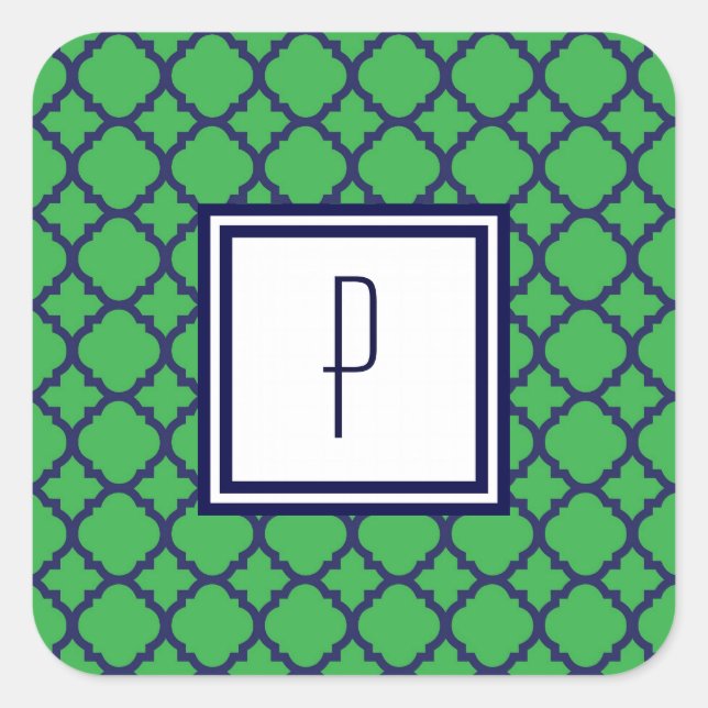 Pegatina Cuadrada Pegatinas Monogramas del Quatrefoil Azul Verde (Anverso)