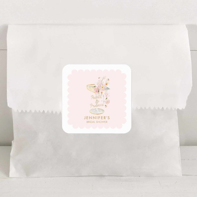 Pegatina Cuadrada Pegatinas para Despedida de Soltera con Perlas Ele (Pink Pearls and Prosecco Favor Sticker)