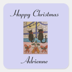 Pegatina Cuadrada Pegatinas personalizados de Navidades de gato negr