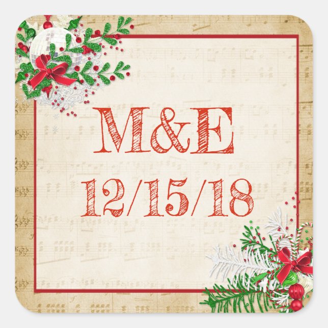 Pegatina Cuadrada Pegatinas personalizados del Boda de música de hoj (Anverso)