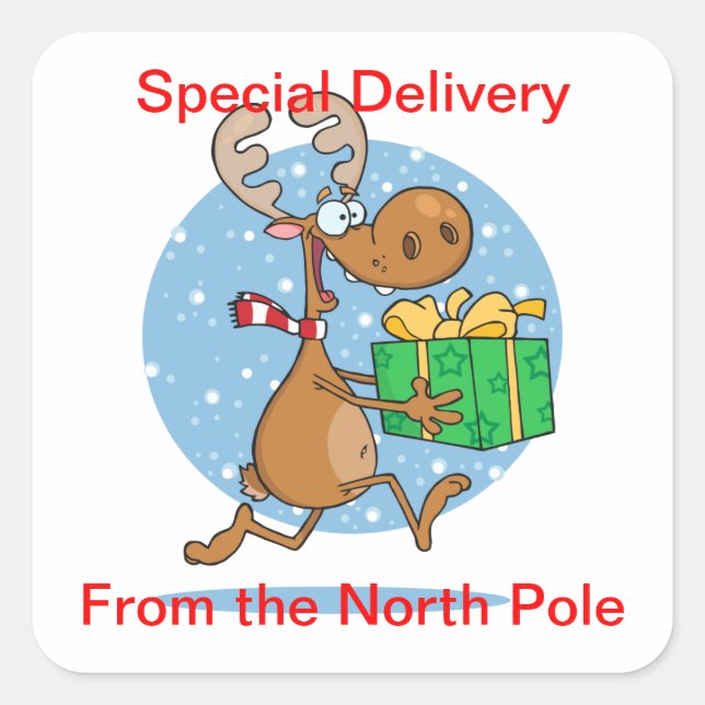 Pegatina Cuadrada Pegatinas: reno con regalo (Anverso)