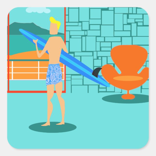 Pegatina Cuadrada Pegatinas Retro Surfer Dude (Anverso)