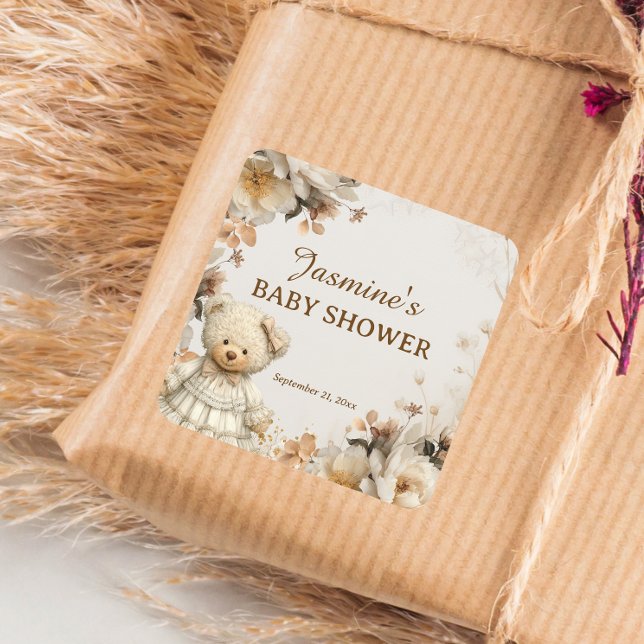Pegatina Cuadrada Pegatinas rusos de Baby Shower con flores de osito (Subido por el creador)