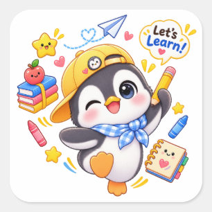 Pegatina Cuadrada Pegüino Kawaii Vamos a Aprender Stickers Escolares