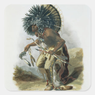 Pegatina Cuadrada Pehriska-Ruhpa, guerrero de Minatarre en el traje