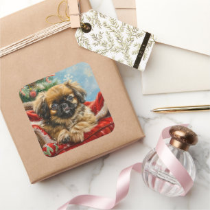 Pegatina Cuadrada Pekinés Navideño Festivo