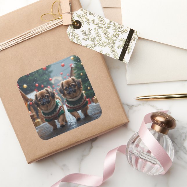 Pegatina Cuadrada Pekingese Dogs Christmas Snow Holiday (Regalar)