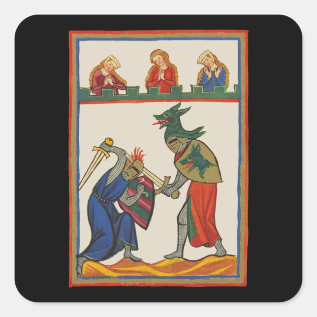 Pegatina Cuadrada Peleas De Caballeros En Un Torneo Del Siglo XIV (Anverso)