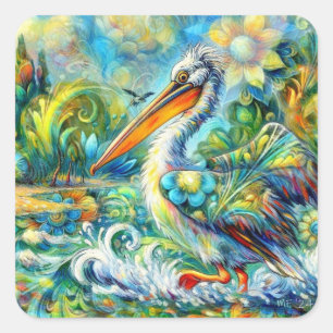 Pegatina Cuadrada Pelican en el amarillo azul floral de Wonderland