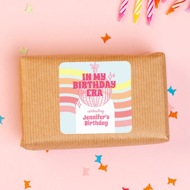 Pegatina Cuadrada Pelota De Disco Rosa Retro En Mi Fiesta De La Era  (Subido por el creador)