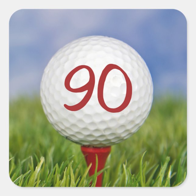 Pegatina Cuadrada pelota de golf en el cumpleaños 90 del tee rojo (Anverso)
