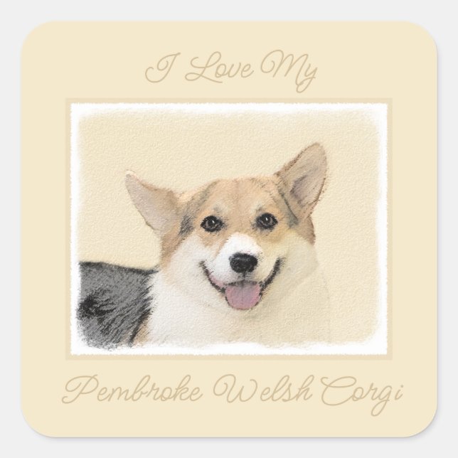 Pegatina Cuadrada Pembroke Welsh Corgi Painting - Original Dog Art S (Anverso)