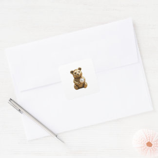 Pegatina Cuadrada Pendientes de Oso Dorado con Perla Blanca en Manos