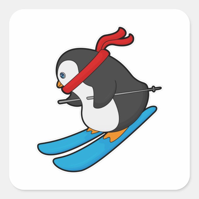 Pegatina Cuadrada Penguin as Skier with Ski (Anverso)