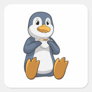 Pegatina Cuadrada Penguin con Copa de Café