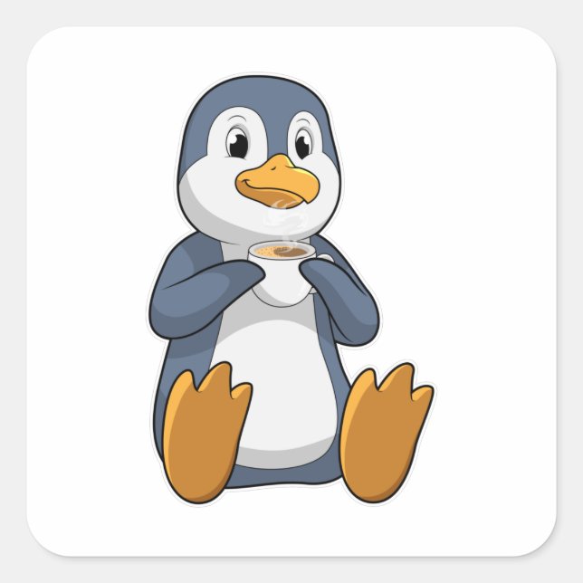 Pegatina Cuadrada Penguin con Copa de Café (Anverso)