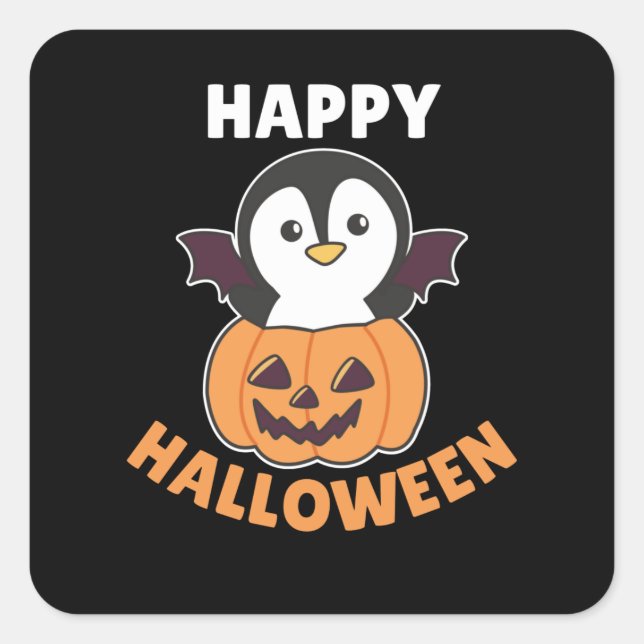 Pegatina Cuadrada Penguin Happy Halloween Calabaza (Anverso)