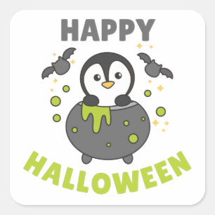Pegatina Cuadrada Penguin Happy Halloween Cauldron Bat Square Sticke