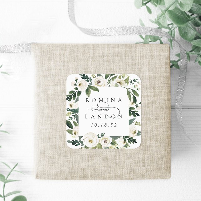Pegatina Cuadrada Peonía blanca | Boda de marco floral personalizado (Subido por el creador)