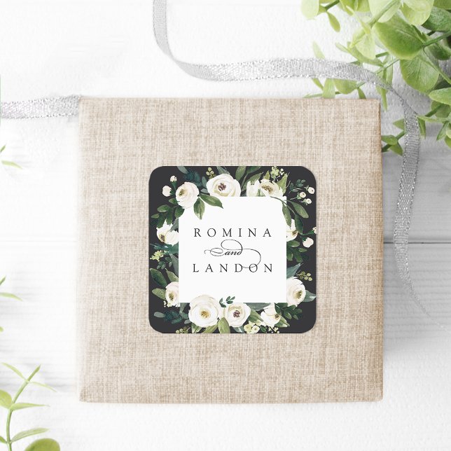 Pegatina Cuadrada Peonía blanca | Boda de marco floral personalizado (Subido por el creador)