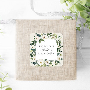 Pegatina Cuadrada Peonía blanca   Boda de marco floral personalizado