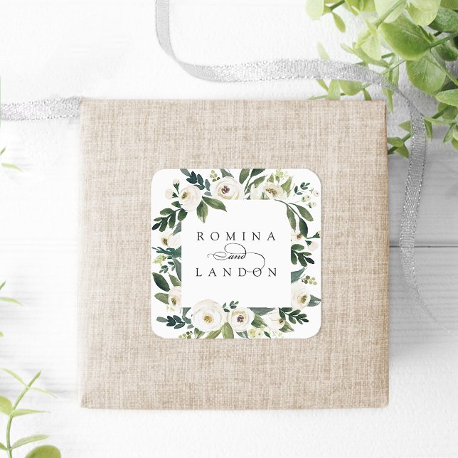 Pegatina Cuadrada Peonía blanca | Boda de marco floral personalizado (Subido por el creador)