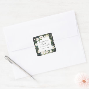 Pegatina Cuadrada Peonía blanca   Boda de marco floral personalizado