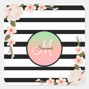 Pegatina Cuadrada Peonía rosa antigua y banda de carbón vegetal