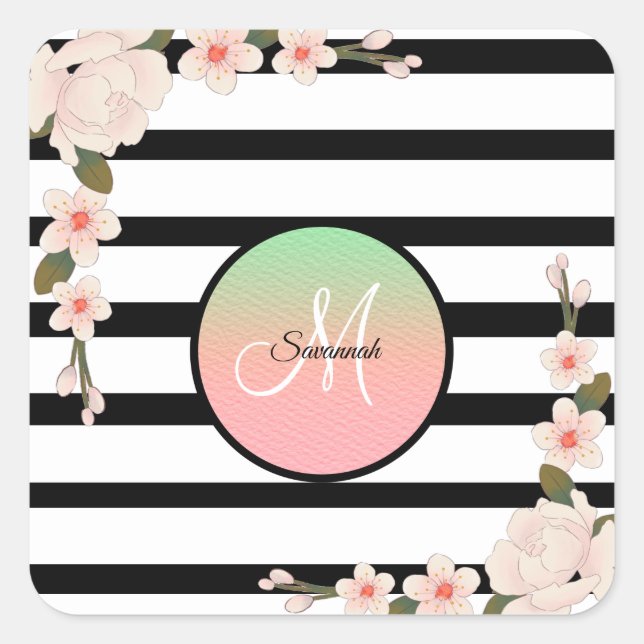 Pegatina Cuadrada Peonía rosa antigua y banda de carbón vegetal (Anverso)