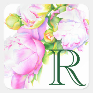 Pegatina Cuadrada Peonias, pintura floral rosa, blanca, acuarela