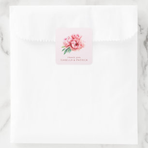 Pegatina Cuadrada Peonías románticas en acuarela rosa