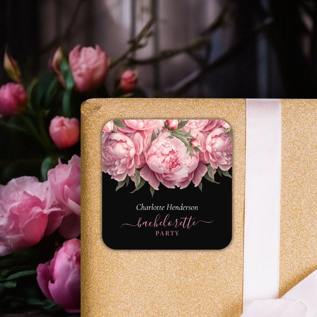 Pegatina Cuadrada Peonías Rosas Despedida de Soltera Negra (Pink Peonies Watercolor Black Bachelorette Party Square Sticker)