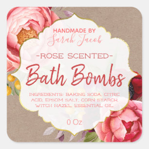 Pegatina Cuadrada Peonías Vintage En Las Etiquetas De Bombas De Baño