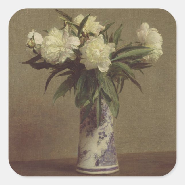 Pegatina Cuadrada Peonies en una maleta azul y blanca (Anverso)