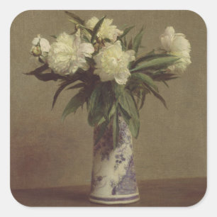 Pegatina Cuadrada Peonies en una maleta azul y blanca