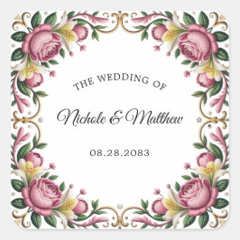 Pegatina Cuadrada Peonies rosados Boda de marco de Rococo